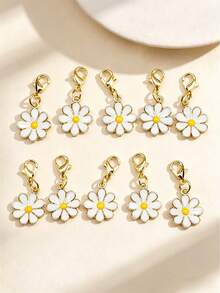 10pcs/Set Mini Daisy Flower With Lobster Clasp Keychain, Y2K Floral Bag Accessories Set, Car Decor, Backpack Pendant, Suitable For School, Cute Goth Style - White Eight-petal Flower - View 7