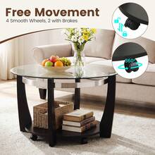 GOFLAME Rolling Glass Coffee Table With Wheels, 81CM 2-Tier Round Center Table With Storage Shelf & Solid Rubber Wood Legs, Modern Cocktail Tea Table For Living Room, Home Office - Black - View 6