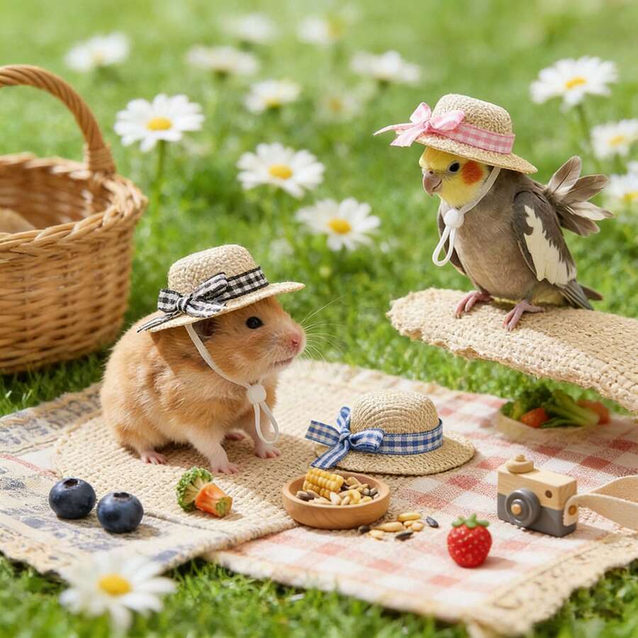 1 buah Topi Jerami Luar Ruangan yang Dapat Diatur untuk Hewan Peliharaan Kecil, Topi Matahari Burung, Topi Matahari Dekoratif dengan Pita & Tali Dagu, Aksesori Luar Ruangan untuk Hamster, Burung Beo & Hewan Peliharaan Kecil - MultiWarna - View 1