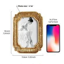 Cornice portafoto orizzontale in stile retrò europeo, in materiale resinoso dorato con motivo decorativo a conchiglia, utilizzabile sia da tavolo che da appendere - 6 pollici - Visualizzare 1