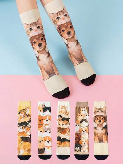 1/5 Pairs Cute Pet Themed Mid-Calf Socks, Fun Design, Great For Pet Lovers, Also Suitable As Gifts For Pet Owner Friends, Comfortable Summer Wear