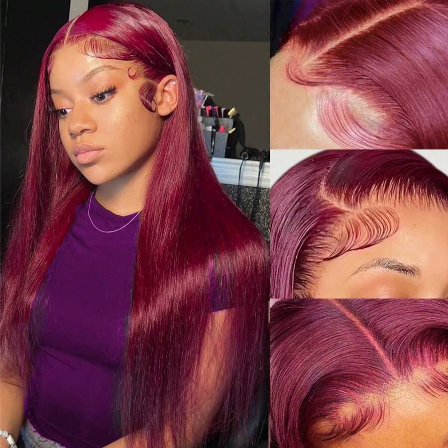 99j Burgundy Lace Front Wigs Human Hair 34Inch 13x4 Burgundy Wig Human Hair 250% Density Brazilian Virgin Straight Human Hair Wigs For Women Pre Plucked With Baby Hair - S99J - 查看 1