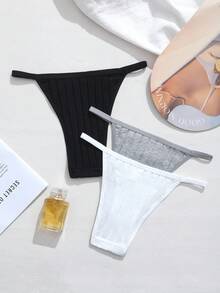3pcs Women's Ribbed Elastic Seamless Low-Waist Panties, Comfortable Breathable Solid Color Underwear - Multicolor - View 4