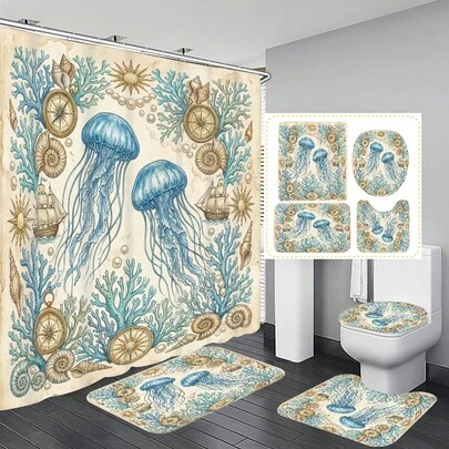 1件/4件套航海水母复古图案多功能浴室装饰浴帘套装，赠送12个挂钩，营造优雅假日氛围，包含浴室地垫、U型马桶垫和圆形马桶垫，适用于各种浴室场景。