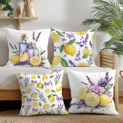 4pcs Summer Watercolor Purple Lavender Bow Lemon Pattern Cushion Cover, Single-Sided Printed Soft Peach Velvet Material, 45*45CM Pillow Case Suitable For Room Decor, Indoor Sofa Living Room Decor, Party Decor, Decorative Pillow Cover Gift