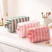 Bolsa de maquillaje a rayas personalizada con asa, organizador de cosméticos de gran capacidad, bolsa de almacenamiento de artículos de tocador, bolsa de viaje con cierre de cremallera, para uso diario, regalo de cumpleaños - Multicolor - Ver 3