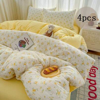 3/4 pièces Ensemble de literie, Ensemble de literie floral vintage en polyester mignon, Ensemble de literie floral romantique jaune clair, Housse de couette florale vieillie unique avec fermeture éclair (1 housse de couette + 1 drap plat + 1/2 taie d'oreiller, sans rembourrage)