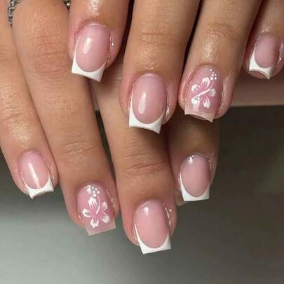 Bộ 24 móng tay giả vuông ngắn kiểu Pháp tối giản họa tiết hoa, kèm 1 sơn gel và 1 dũa móng, thích hợp cho nữ và bé gái sử dụng hàng ngày, trong các dịp lễ hội, hẹn hò, là vật dụng làm móng thiết yếu cho mùa xuân/hè.