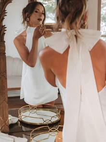 Satin Halter Neck Backless Bow Mini Dress, Elegant Backless Party Dress For Women Wedding Guest Club Night Out - 白色 - 查看 4