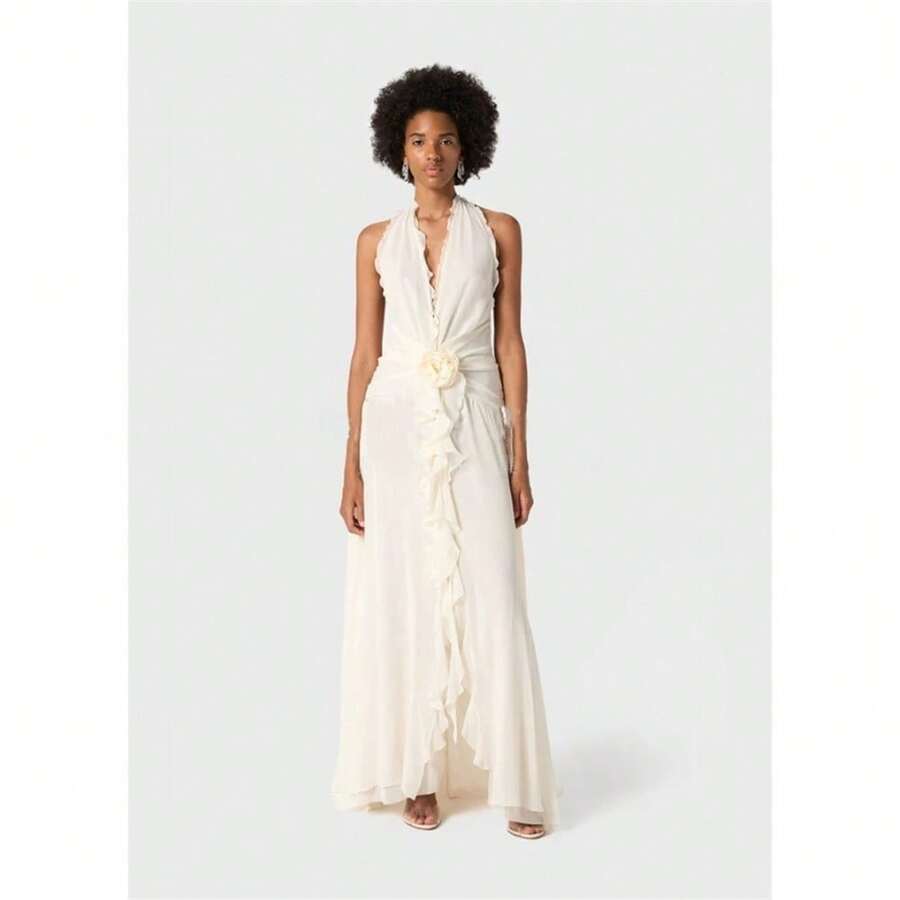 Summer New Women's Fashion Elegant Temperament Long Dress Goddess Sexy V-Neck Sleeveless Three-Dimensional Floral Ruffle Seaside Vacation Flowing Long Dress In Multiple Colors For Parties, Banquets, And Dates - 白色 - 查看 1