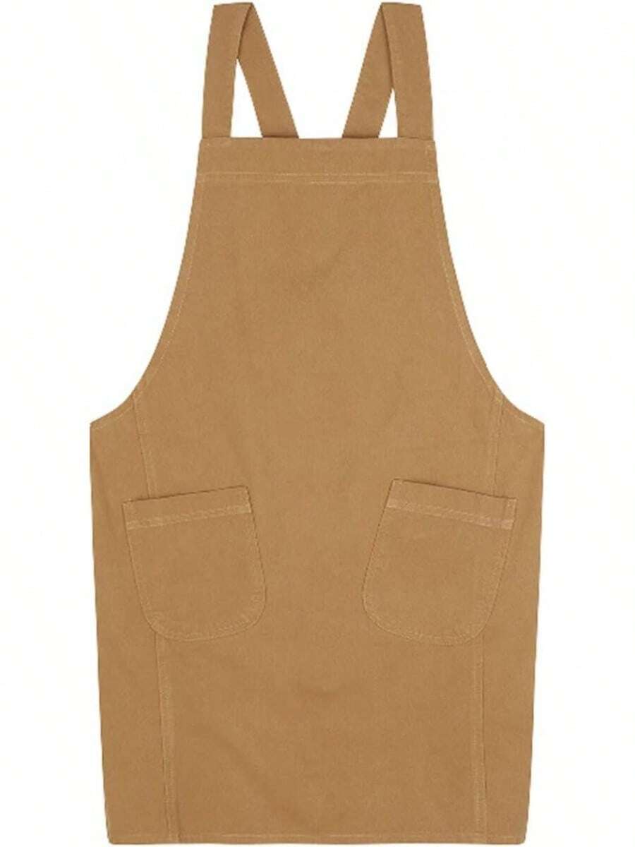 Delantal japonés de lino y algodón cruzado con bolsillos, vestido de moda para jardinería, pintura, limpieza, cocina - Amarillo-02 - Ver 1