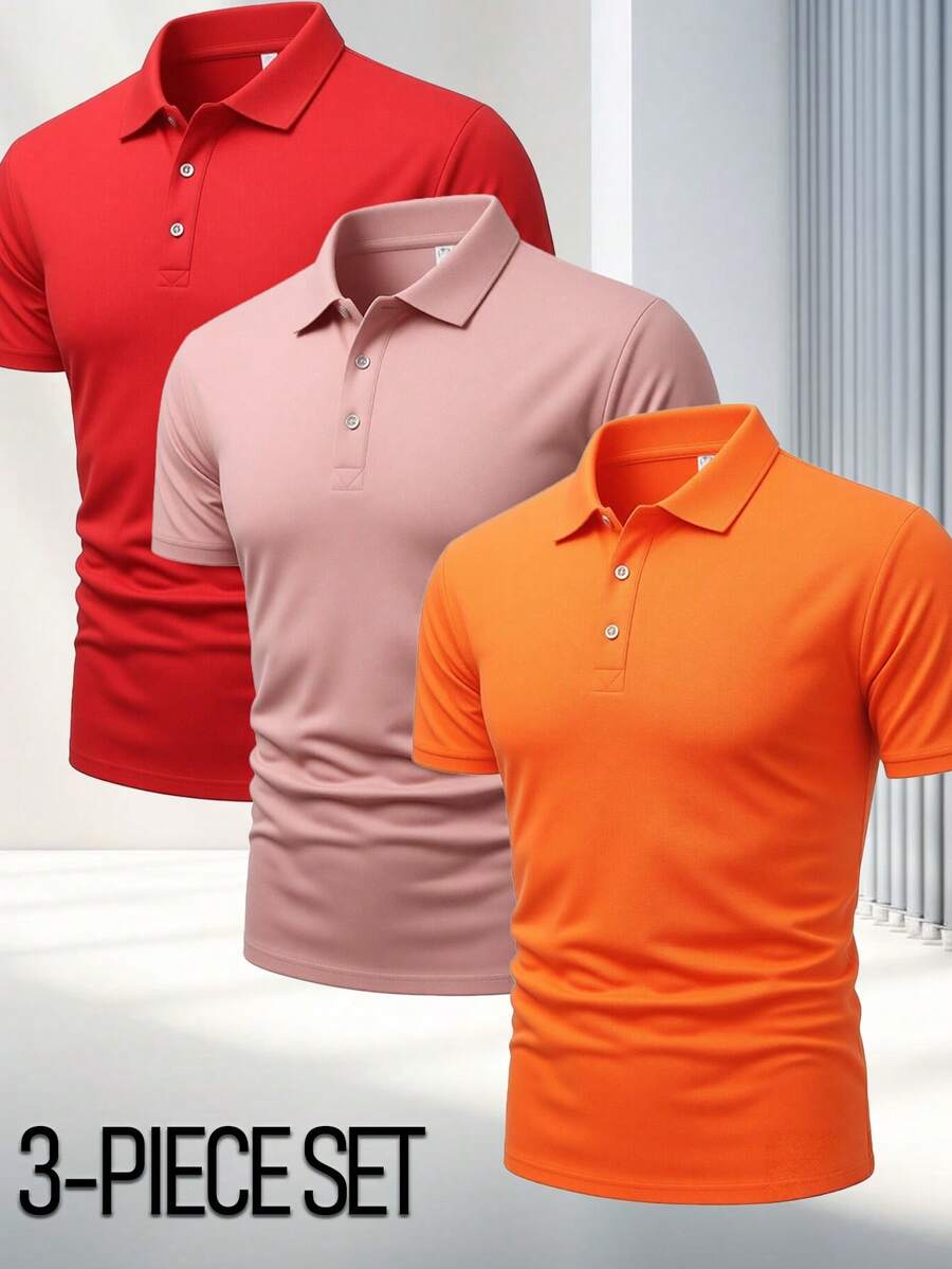 3pcs/Pack Fashion Versatile Men's Summer Polo Shirts, Breathable Comfortable Short Sleeve Tops, Casual Business Polo Shirts, Outdoor Tops - Multicolor - View 1