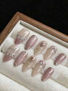 qihangxin 10片手工奢华浪漫玫瑰箔纸美甲贴纸，优雅氛围，高端品质，可移除可重复使用，适合不同风格的女性，长指甲，圣诞礼物，假指甲，按压式长指甲 - 彩色 - 查看 14