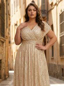 YISIKADO Plus Size Women Sequin V-Neck Evening Party Dress, Elegant Formal Prom Gown, For Wedding Guest, Graduation, Dinner - Champagne - View 6
