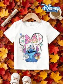 Disney Casual And Simple Round-Neck Short-Sleeve T-Shirt Features A Pattern Of Stitch From 'Lilo & Stitch' In Front Of A Castle, Designed Specifically For Infants And Toddlers, Suitable For Both Boys And Girls, Making It An Ideal Choice For Summer Wear. - 白色 - 查看 2