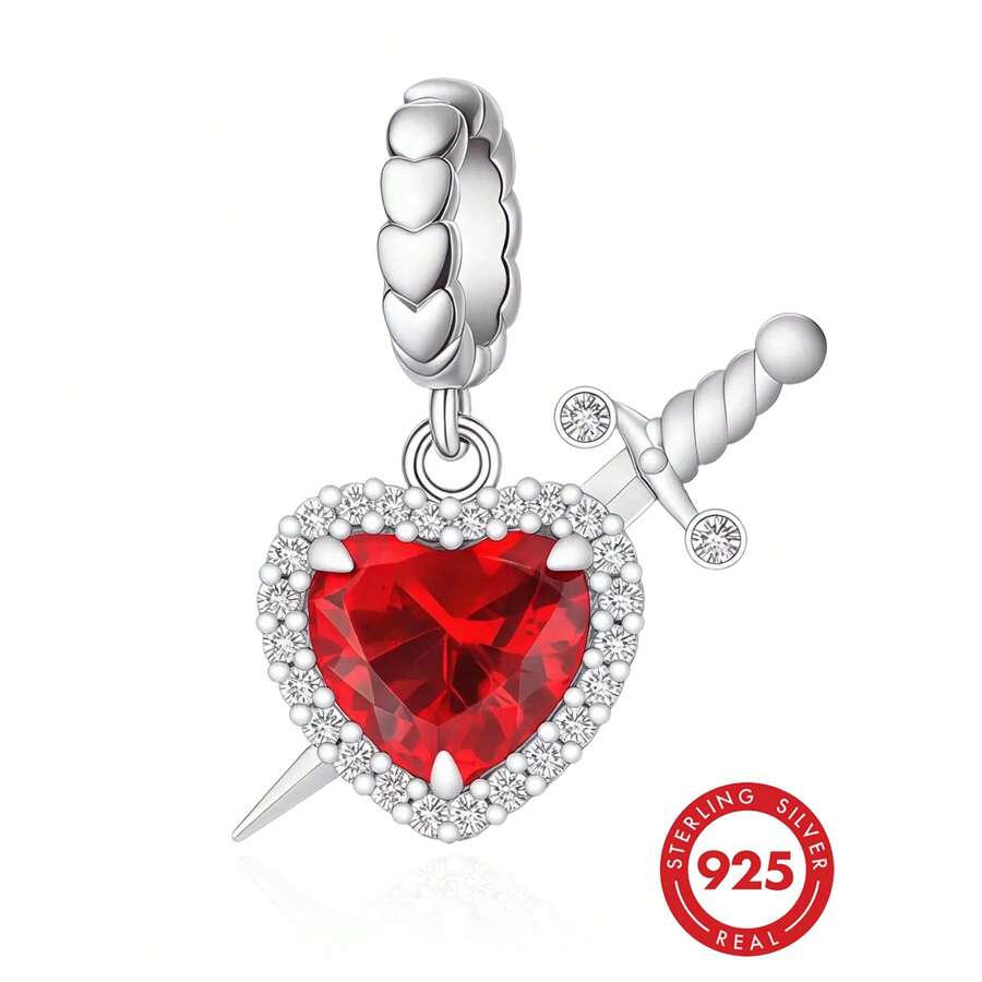 1pc 925 Sterling Silver Red Zirconia Heart-Piercing Sword Pendant, Unisex Gothic Romantic Jewelry Gift - Silver - View 1