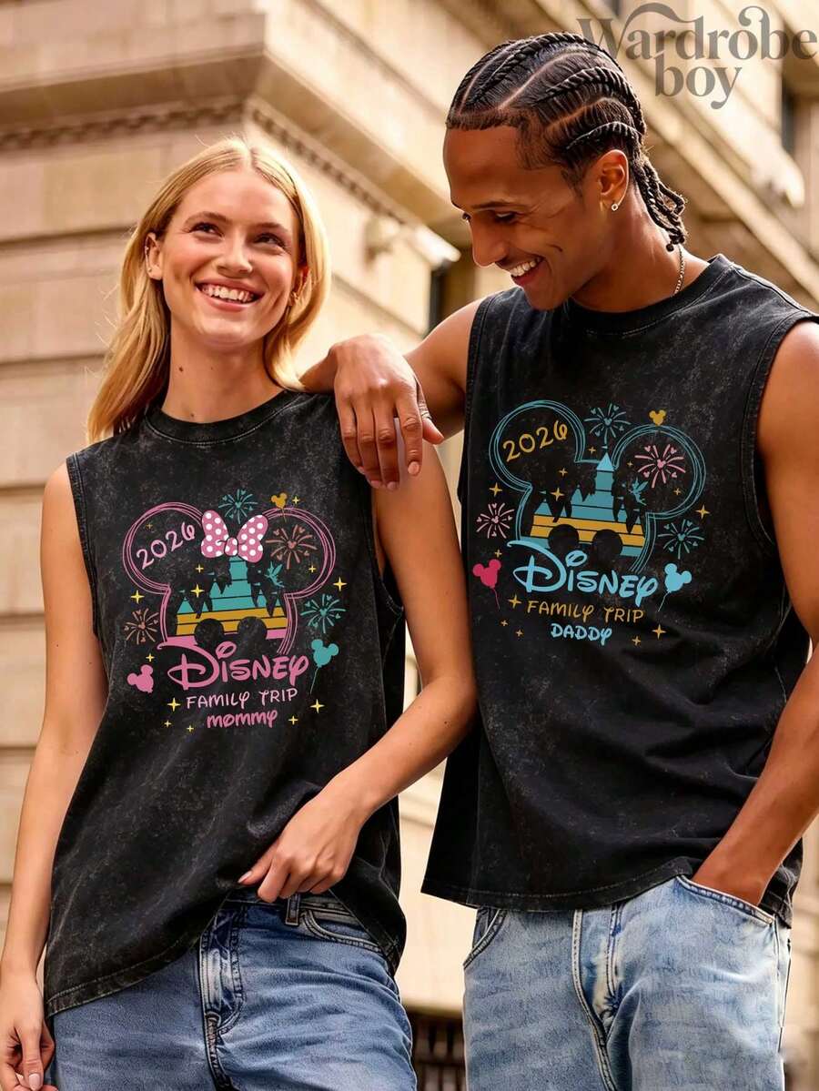 Disney 1PC Men's Washed Cotton Couple Sleeveless Printed Vest, Cartoon Couple Pattern Printed Vest, Suitable For Both Men And Women, High-Quality Pure Cotton Vest, Suitable For All Seasons, Comfortable And Breathable | Exquisite Design | The Best Choice For Gift Giving - Người đàn ông - Xem 1