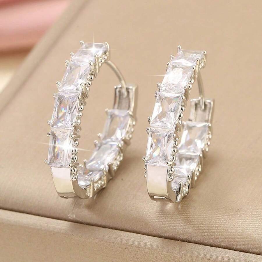 Fashion Copper Inlaid U-Shaped Geometric Ear Buckle Earrings European And American Personality Niche Temperament Ins High-End Earrings Women - Silvery - 查看 1