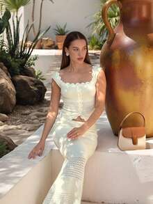 Bộ đồ dệt kim màu vàng trơn mới mùa Xuân/Hè của FOR BEAUTY, áo khoác cardigan dệt kim viền sóng có thắt lưng, kết hợp với chân váy dài dệt kim, phong cách nghỉ dưỡng thanh lịch, phù hợp cho những chuyến đi biển và mặc hàng ngày. - Màu vàng - Xem 10