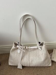 Túi xách dệt kim kiểu Pháp mới năm 2026, màu trắng sữa, thích hợp cho kỳ nghỉ hè ở bãi biển, túi đeo vai đa năng tiện dụng cho phụ nữ đi làm. - Màu be - Xem 8