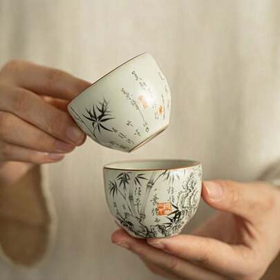 Exquisite Ru Kiln Ceramic Teacup - A High-Value, Handcrafted Master Cup Adorned With Bamboo Mountain Patterns, Simple Yet Unique, Suitable For Personal Use, Kung Fu Tea Ceremonies, Coffee Tasting, And Wine Tasting. It's The Perfect Single-Cup Gift For Both Men And Women. Made From Premium Ru Kiln Glazed Ceramic