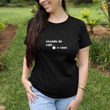 Women's Baby Look Printed T-Shirt With The Phrase Living On Coffee Various Colors 100% Cotton - Black - View 2