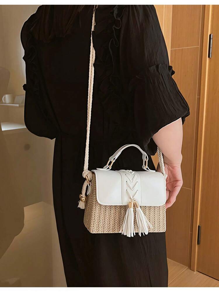 Designer Bags Women Straw Woven Tassel Box Purse, Contrast Color Patchwork Flap Beach Bag, Lightweight Rope Shoulder Strap, Summer Vacation Travel Daily Casual Versatile Handbag - trắng - Xem 3