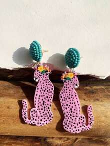 Statement Earrings - Handmade Seed Beaded Stud With Pink & Yellow Acrylic Leopard Cat Cheetah Animal Earrings, Tropical Rainforest Style Dangle Earrings - Perfect Valentine's Day, Couple, Or Friends Gift For Women And Girls, Suitable For Summer Vacation, Beach Party, Or Music Festivals Valentines - 粉色 - 查看 5