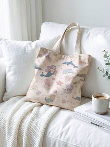 1pc Mermaid Print Canvas Large Capacity Open Top Shoulder Tote Bag, Suitable For Students Daily Shopping, Commuting, Travel - Multicolor - View 8