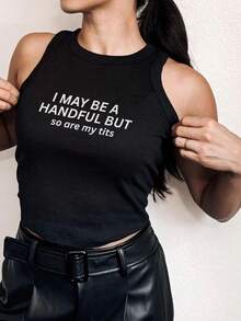 Tanktop I May Be A Handful But So Are My  Tank Top, Funny Adult Humor Quote Rib Racer Tee, Coquette Graphic Crop Top, Vintage 90s Style Shirt2026 Cute Clothes,Graphic Tees Women Crop - màu đen - Xem 1
