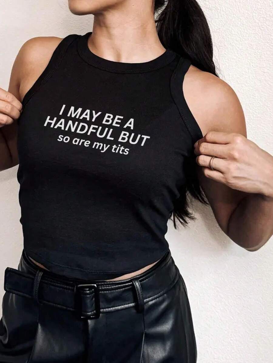Tanktop I May Be A Handful But So Are My  Tank Top, Funny Adult Humor Quote Rib Racer Tee, Coquette Graphic Crop Top, Vintage 90s Style Shirt2026 Cute Clothes,Graphic Tees Women Crop - màu đen - Xem 1