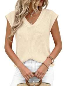 Women's Knit Sweaters Vest Lightweight Spring Cap Sleeve V Neck Tank Tops Summer Going Out Outfits - Beige - View 4