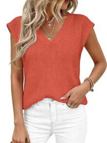 Women's Knit Sweaters Vest Lightweight Spring Cap Sleeve V Neck Tank Tops Summer Going Out Outfits - Orange - View 5