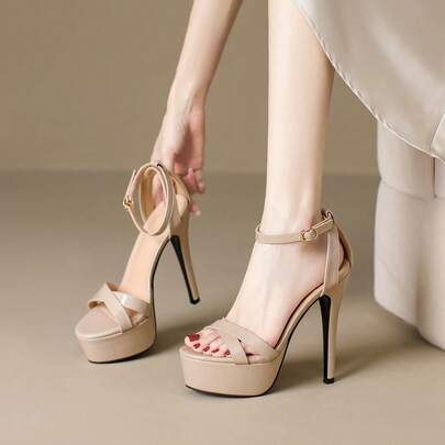 1 Par de Sandálias de Salto Alto Plataforma Impermeável de Salto Fino com Fivela, Estilo Sexy e da Moda Europeia e Americana, na Cor Damasco, Estilo de Boate para Mulheres