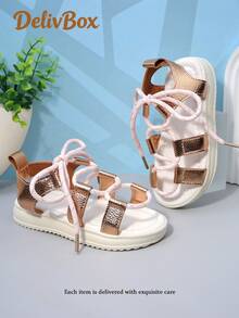 1 Pair Rose Gold Lace-Up Roman Style Princess Sandals, Sweet Summer Outfit For Girls - Rose Gold - View 2