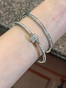Titanium Steel Non-Fading Minimalist Rhinestone Stacking Bracelet, Versatile For Daily Wear, Festivals, Parties And Gifting - Silver - View 3