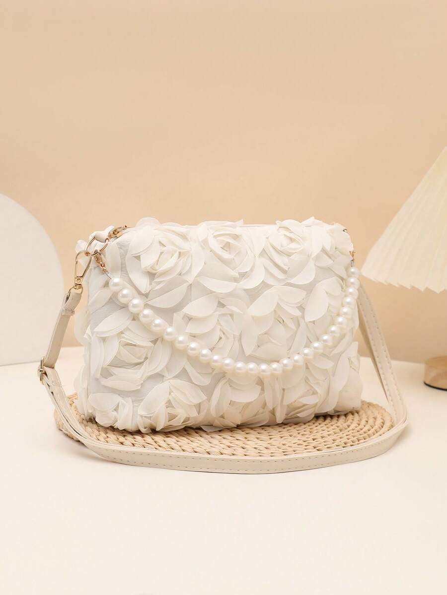 New Arrival Niche Design Pearl Handbag, Floral Shoulder & Crossbody Bag For Women - Apricot - View 1