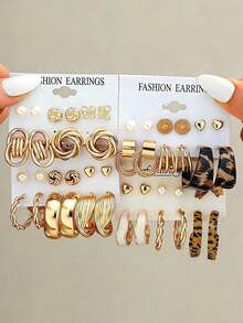 46/22pcs Vintage Elegant Luxurious Gold Metal Earring Set, Suitable For Daily Wear And Parties - Gold - View 5