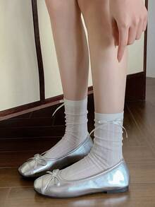 3双随机米色网眼荷叶边蝴蝶结袜，心形镂空中筒袜，春夏款 - 彩色 - 查看 3