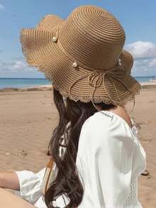 1 pièce Chapeau de soleil de plage en vague kaki pour femmes avec détails de perles et nœud papillon, chapeau de soleil de plage élégant pour les voyages, chapeau de paille à fleurs au crochet élégant, chapeau de soleil de plage bohème ajouré, vacances, festival - chapeau de paille - Voir 1