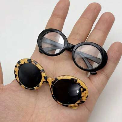 2 Sets Pet Fashion Glasses (Cat & Dog Styles), 3.15 Inch Round Chic Leopard Print Pattern Pet Glasses, Suitable For Photography Props And Clothing Decoration