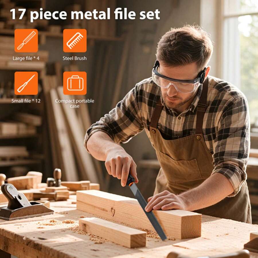 7Sevenjokers 17Pcs Carbon Steel File Set, Flat/Round/Triangle & Needle Files With Brush & Bag For Wood Metal - A - View 1