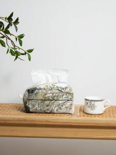 1pc Floral & Bird Jacquard Wall-Mounted Tissue Box Holder, Minimalist Pastoral Leaf Design Fabric Dispenser, Elegant Vertical Paper Organizer For Dining Table Kitchen Bar Cafe Car Home Office Decor, Multipurpose Bathroom Bedroom Storage Box Container, Decorative Tissue Holder For Modern Rustic Contemporary Interior