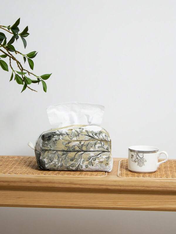 1pc Floral & Bird Jacquard Wall-Mounted Tissue Box Holder, Minimalist Pastoral Leaf Design Fabric Dispenser, Elegant Vertical Paper Organizer For Dining Table Kitchen Bar Cafe Car Home Office Decor, Multipurpose Bathroom Bedroom Storage Box Container, Decorative Tissue Holder For Modern Rustic Contemporary Interior