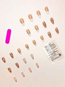 24Pcs/Set French Almond Shape Tie Dye White Base False Nails With 3D Golden Flower & Bead Decor, Full Cover Nail Tips Ladies & Girls, Party, Date, Vacation Press On Nails Nail Supplies Nails - 多色 2 - 查看 7