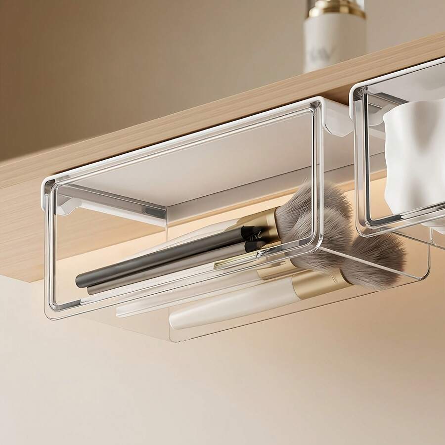 1pc/2pcs/3pcs No-Drill Transparent PET Under-Desk Storage Drawer, Multi-Function Hidden Organizer Box Suitable For Cosmetics, Skincare, Sponges, Home Office Vanity Accessories - Transparent - View 1