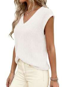 Women's Knit Sweaters Vest Lightweight Spring Cap Sleeve V Neck Tank Tops Summer Going Out Outfits - 白色 - 查看 6