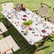 1pc White Base Blue Flower Elastic Table Cover, Waterproof Oilproof Outdoor Camping Picnic Rectangular Tablecloth Home Decor - A - View 13