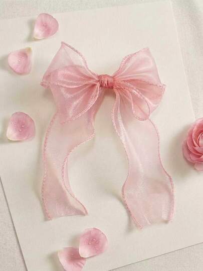 1个粉色公主网纱蝴蝶结发夹，配长波浪丝带，优雅温柔，适合半扎发，粉色系发饰，适合女性、学生、大学生佩戴，粉色发夹，蝴蝶结，可爱，情人节配饰，头部配饰，发卡