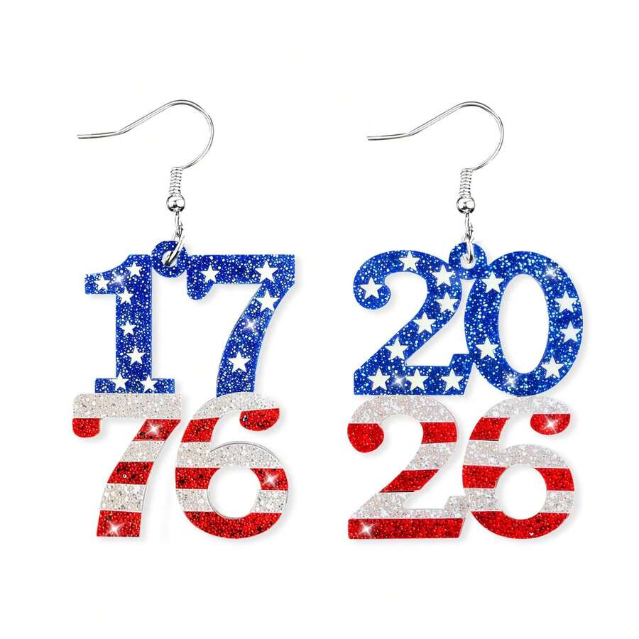 1776&2026 数字亚克力耳环吊坠耳环,7月4日女士耳环 - 红白蓝美国国旗耳环,爱国主义7月4日配饰,完美的独立日装饰礼物 - 日耳飾 - 查看 1